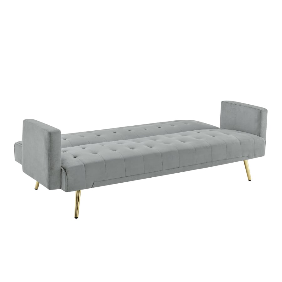 Canapé clic clac velours gris clair piètement métal doré