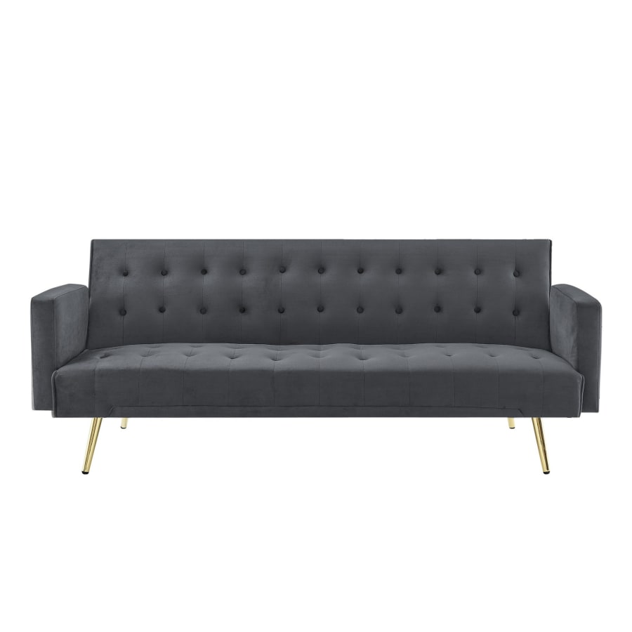 Canap&eacute; clic clac velours gris fonc&eacute; pi&egrave;tement m&eacute;tal dor&eacute;