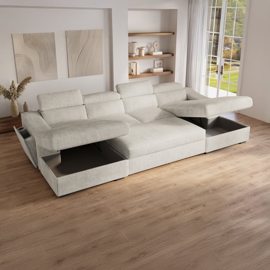 Canapé panoramique convertible avec 2 coffres en velours côtelé épais beige