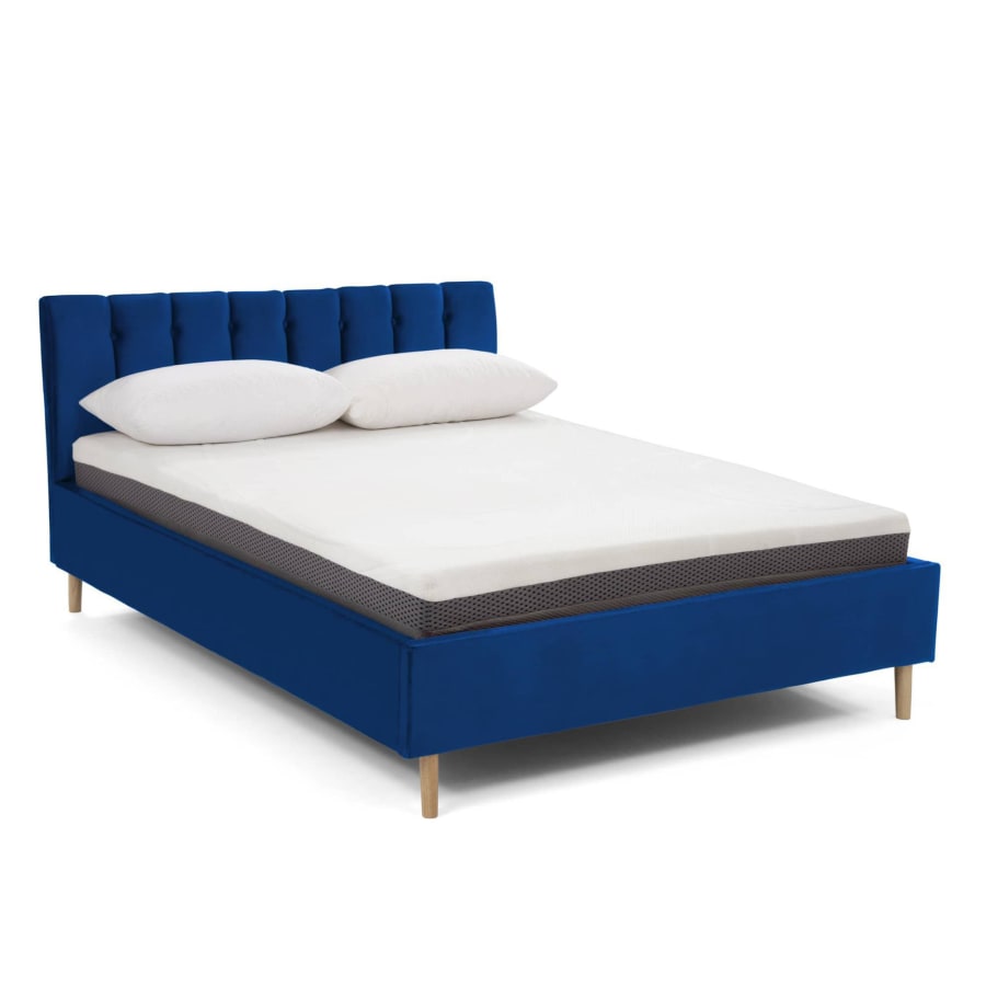 Lit double capitonn&eacute; en tissu velours bleu 180x200 cm