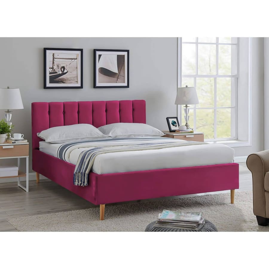 Lit double capitonn&eacute; en tissu velours rose fushia 140x190 cm