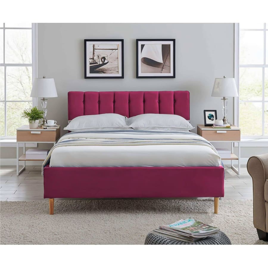 Lit double capitonn&eacute; en tissu velours rose fushia 140x190 cm