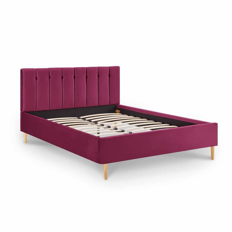 Lit double capitonn&eacute; en tissu velours rose fushia 140x190 cm