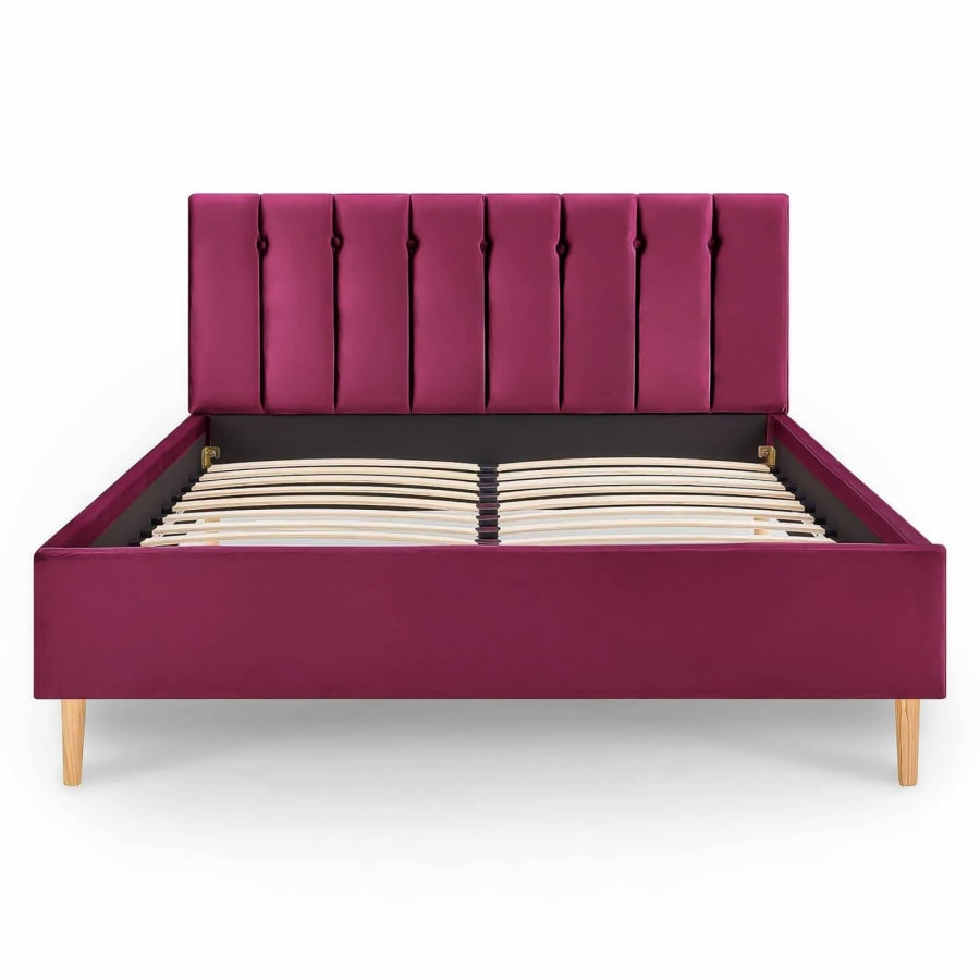 Lit double capitonn&eacute; en tissu velours rose fushia 140x190 cm