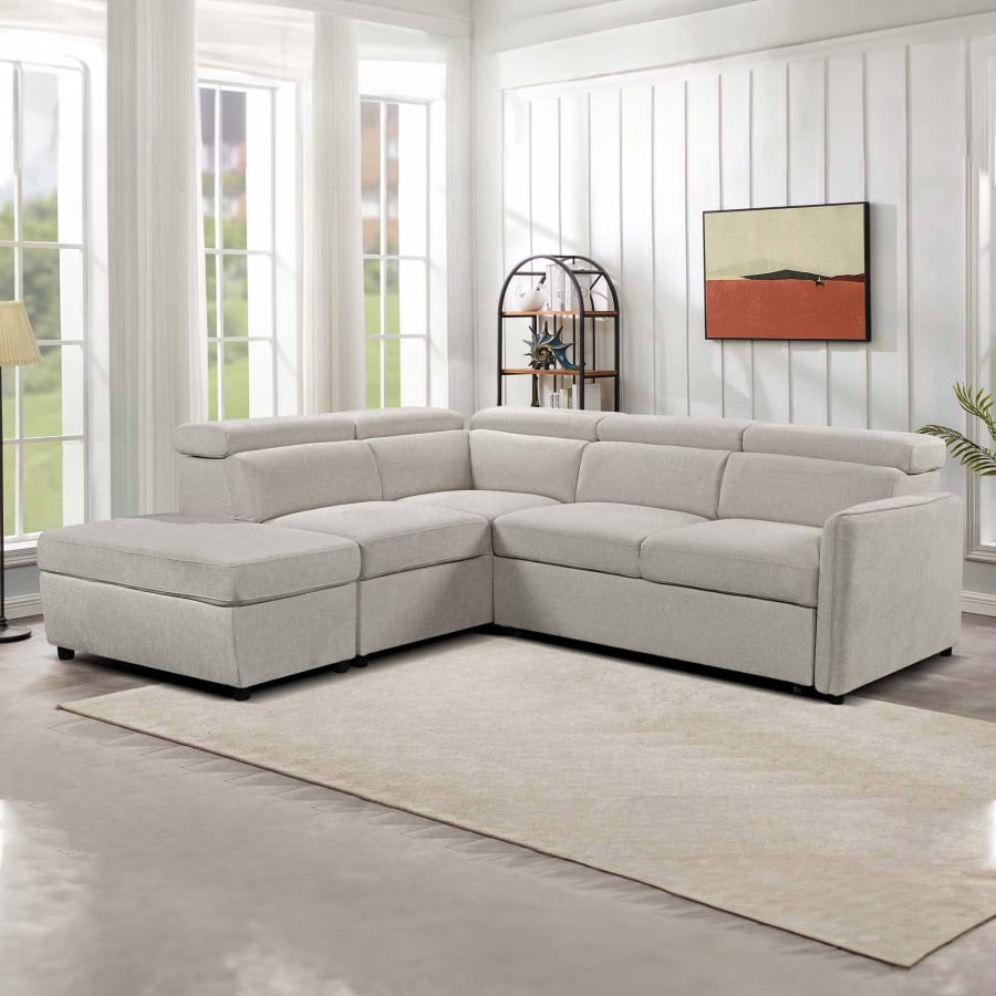 Canapé d'angle convertible coffre de rangement en tissu beige - Angle gauche