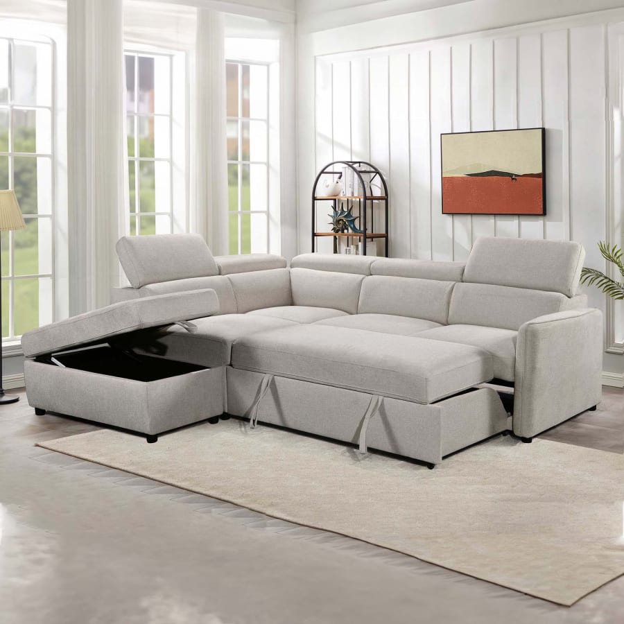 Canapé d'angle convertible coffre de rangement en tissu beige - Angle gauche