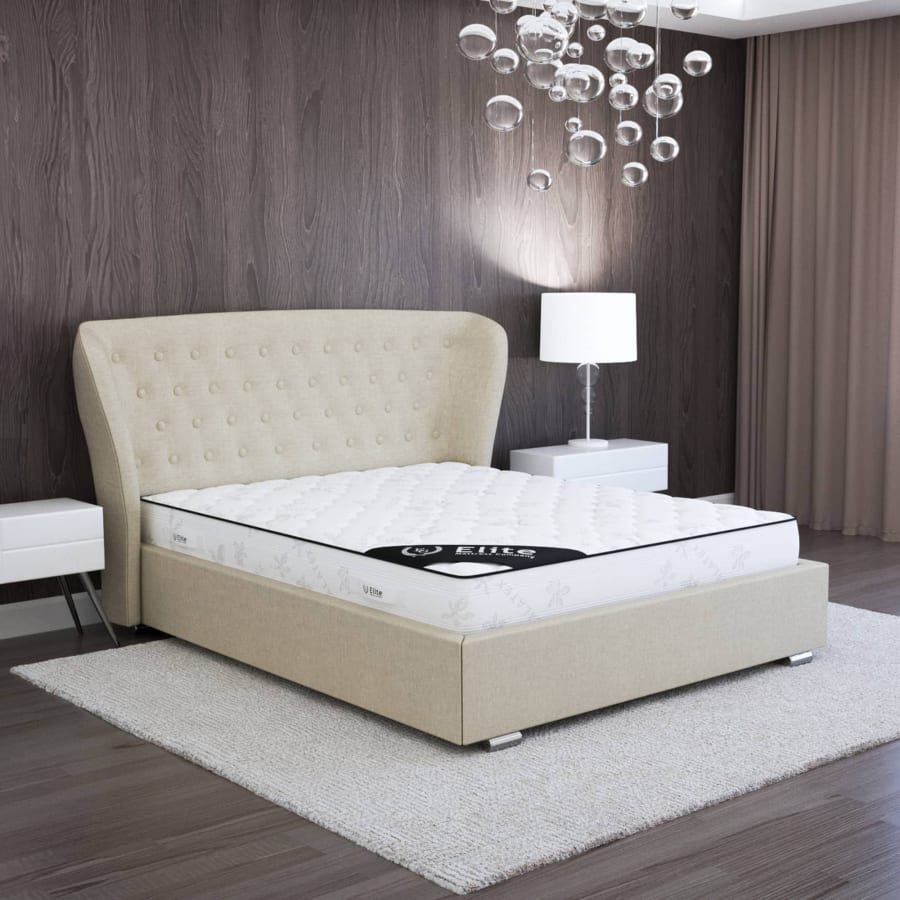 Lit capitonn&eacute; en lin beige 180x200 avec coffre de rangement