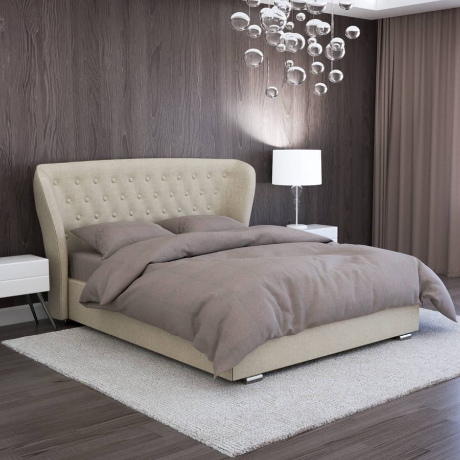 Lit capitonn&eacute; en lin beige 180x200 avec coffre de rangement