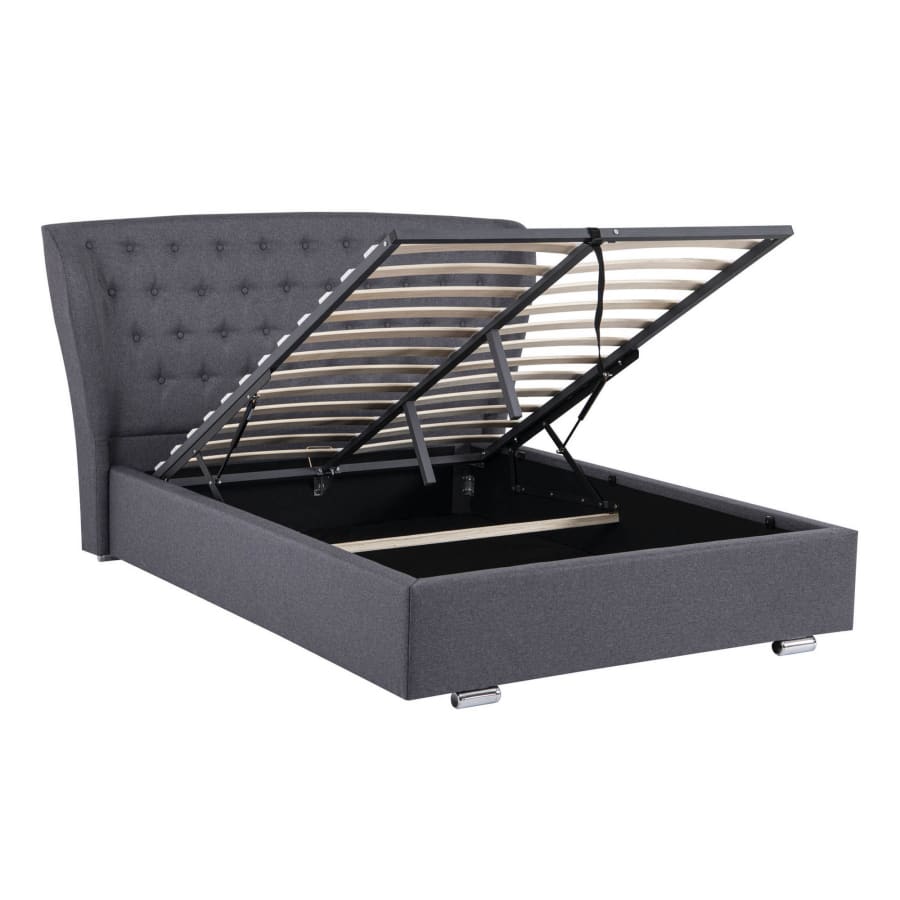 Lit capitonn&eacute; en lin gris anthracite 180x200 avec coffre de rangement