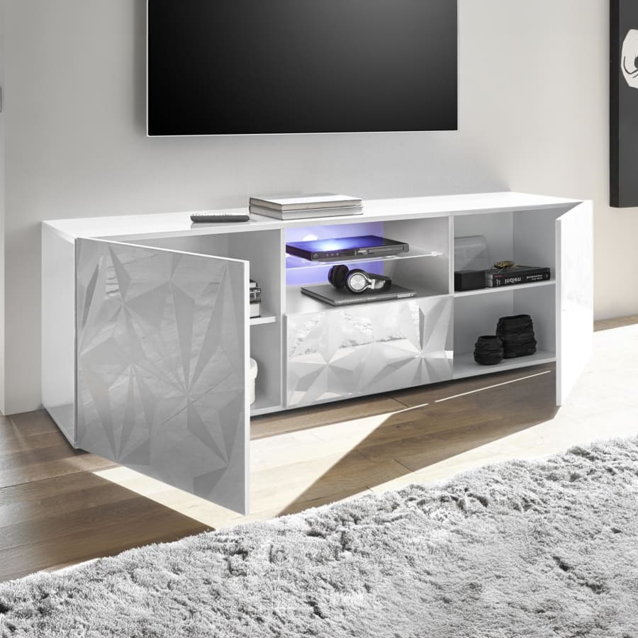 Meuble TV design 2 portes 2 niches et 1 tiroir blanc