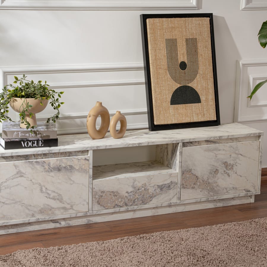 Meuble TV 3 portes 1 niche couleur marbre blanc et gris