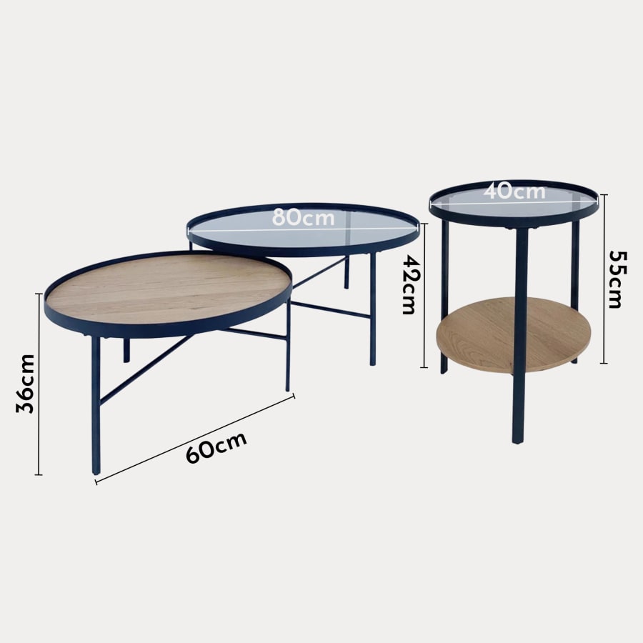 Lot de 3 tables basses rondes en bois et métal noir