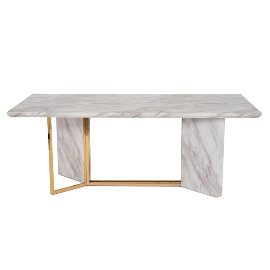 Table &agrave; manger rectangulaire design effet marbre blanc et dor&eacute;