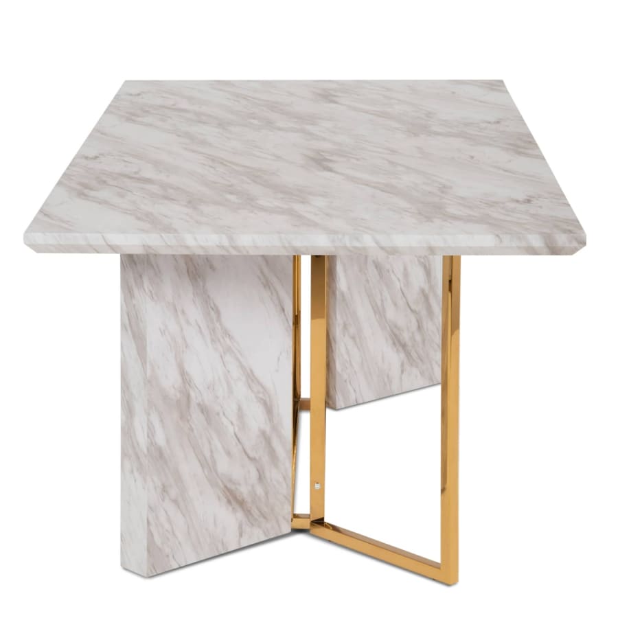 Table &agrave; manger rectangulaire design effet marbre blanc et dor&eacute;