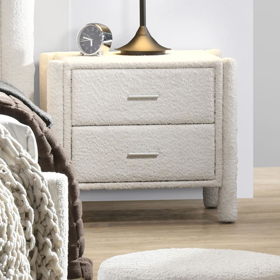 Table de chevet 2 tiroirs effet peau de mouton blanc