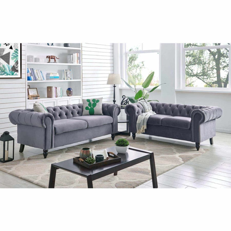 Canapé 2 places Chesterfield en velours gris