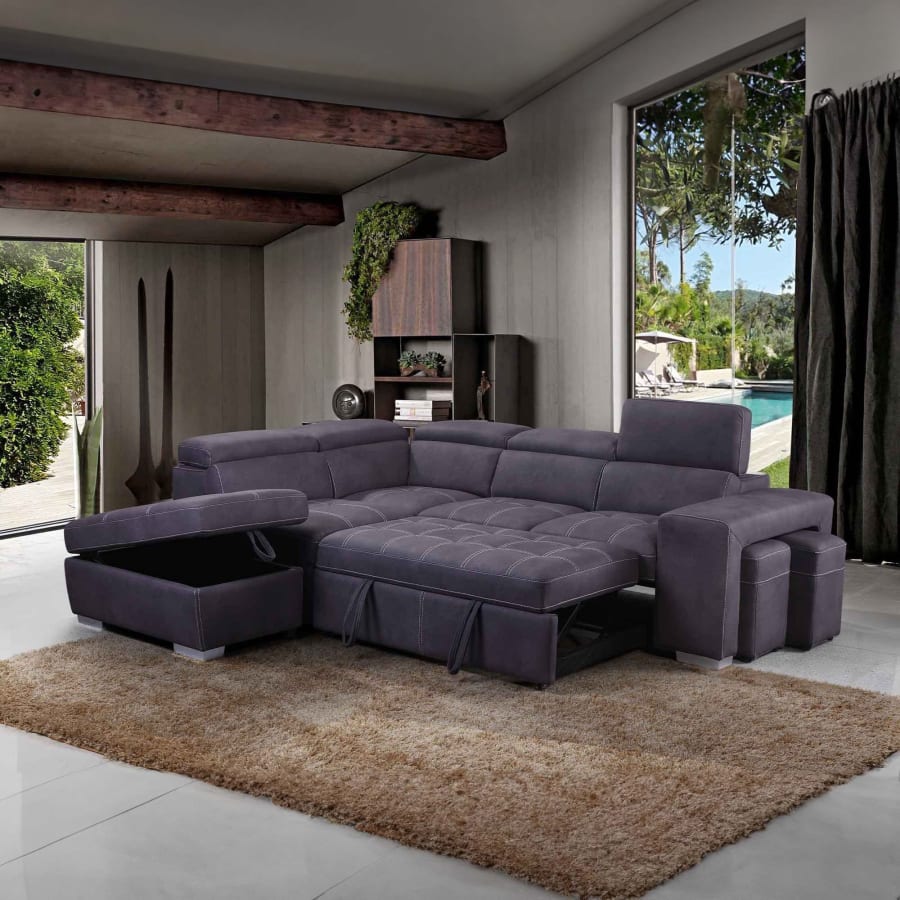 Canap&eacute; d'angle convertible avec rangement en tissu gris - Angle Gauche