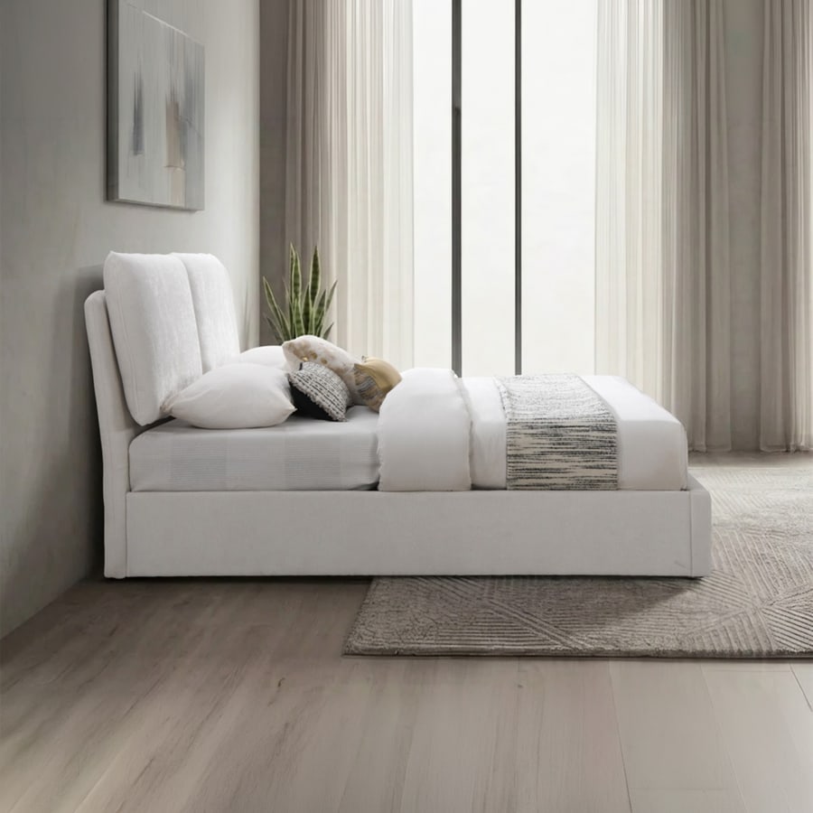 Lit double en tissu beige avec coffre 140x190 cm