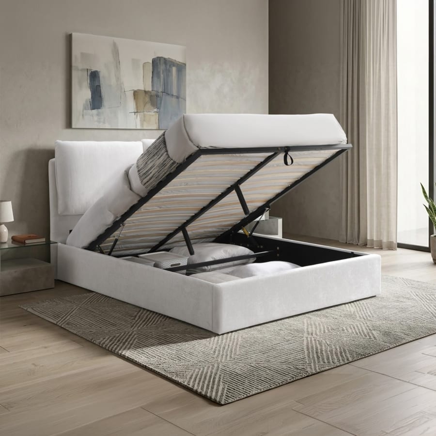 Lit double en tissu beige avec coffre 180x200 cm