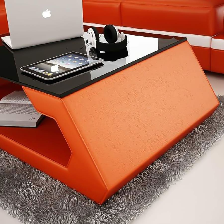Table basse orange design avec plateau en verre trempé