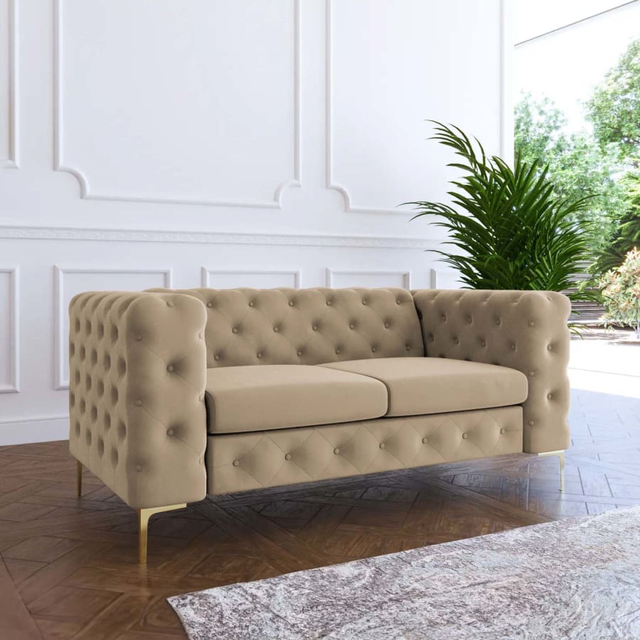 Canapé chesterfield 2 places en velours beige