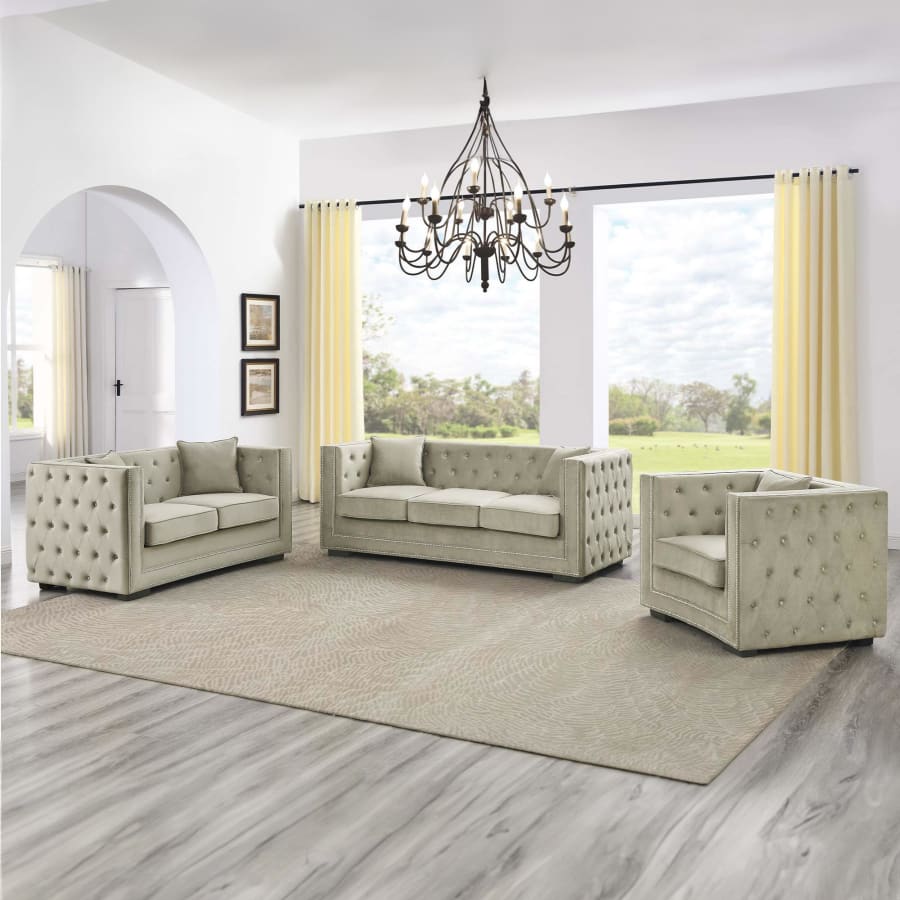 Canapé chesterfield 3 places en velours beige