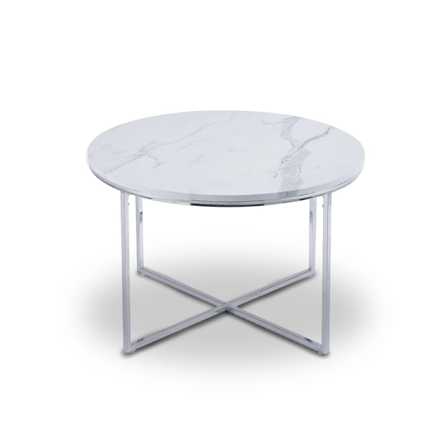 Table basse ronde effet marbre blanc pieds métal gris