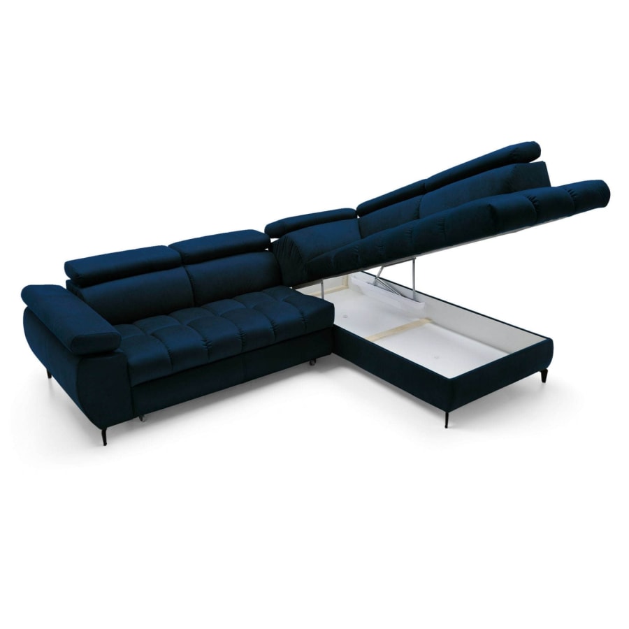 Canapé d’angle convertible matelassé avec coffre en velours bleu foncé - Angle droit