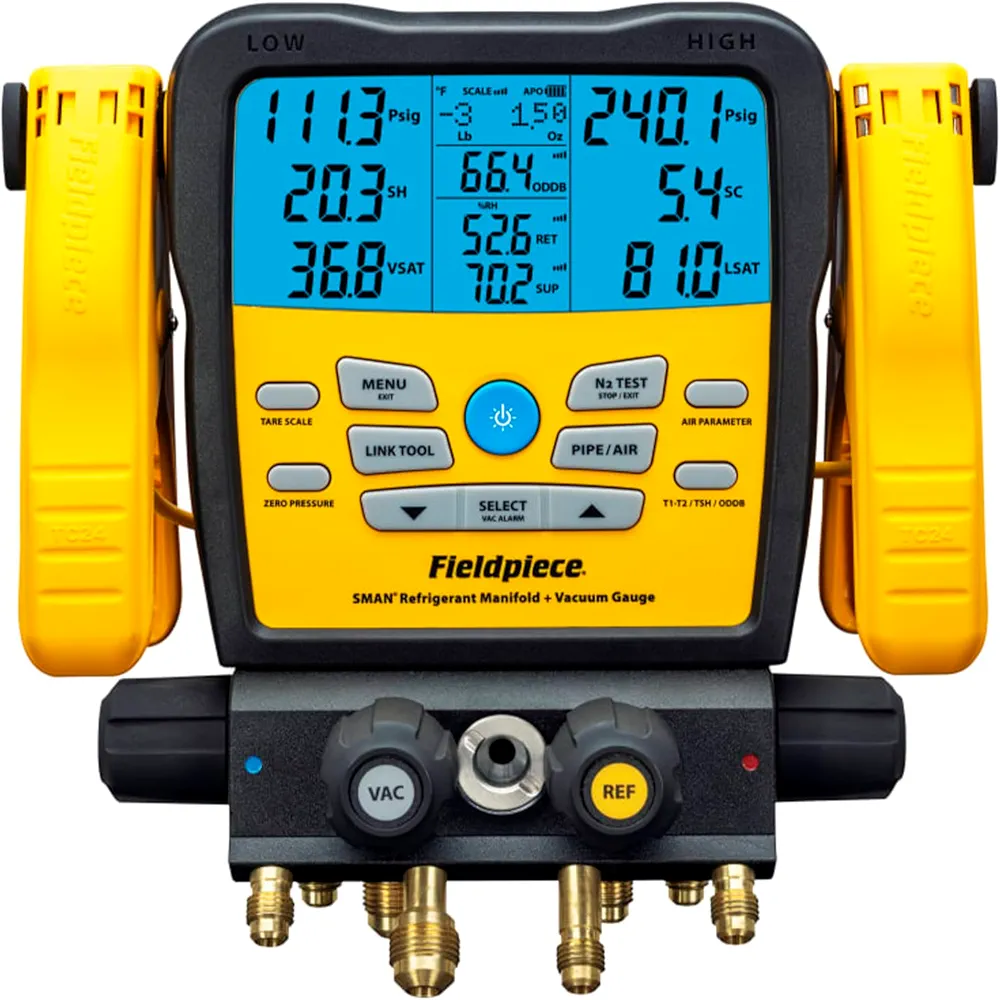 مشعب تبريد لاسلكي Fieldpiece SM482V بـ4 منافذ مع مقياس تفريغ الهواء، مقاييس رقمية للتكييف والتبريد