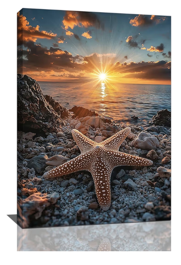 لوحة فنية جدارية كانفاس بتصميم نجم البحر ومظهر غروب الشمس الساحلي (16 × 24 بوصة / 40 × 60 سم)