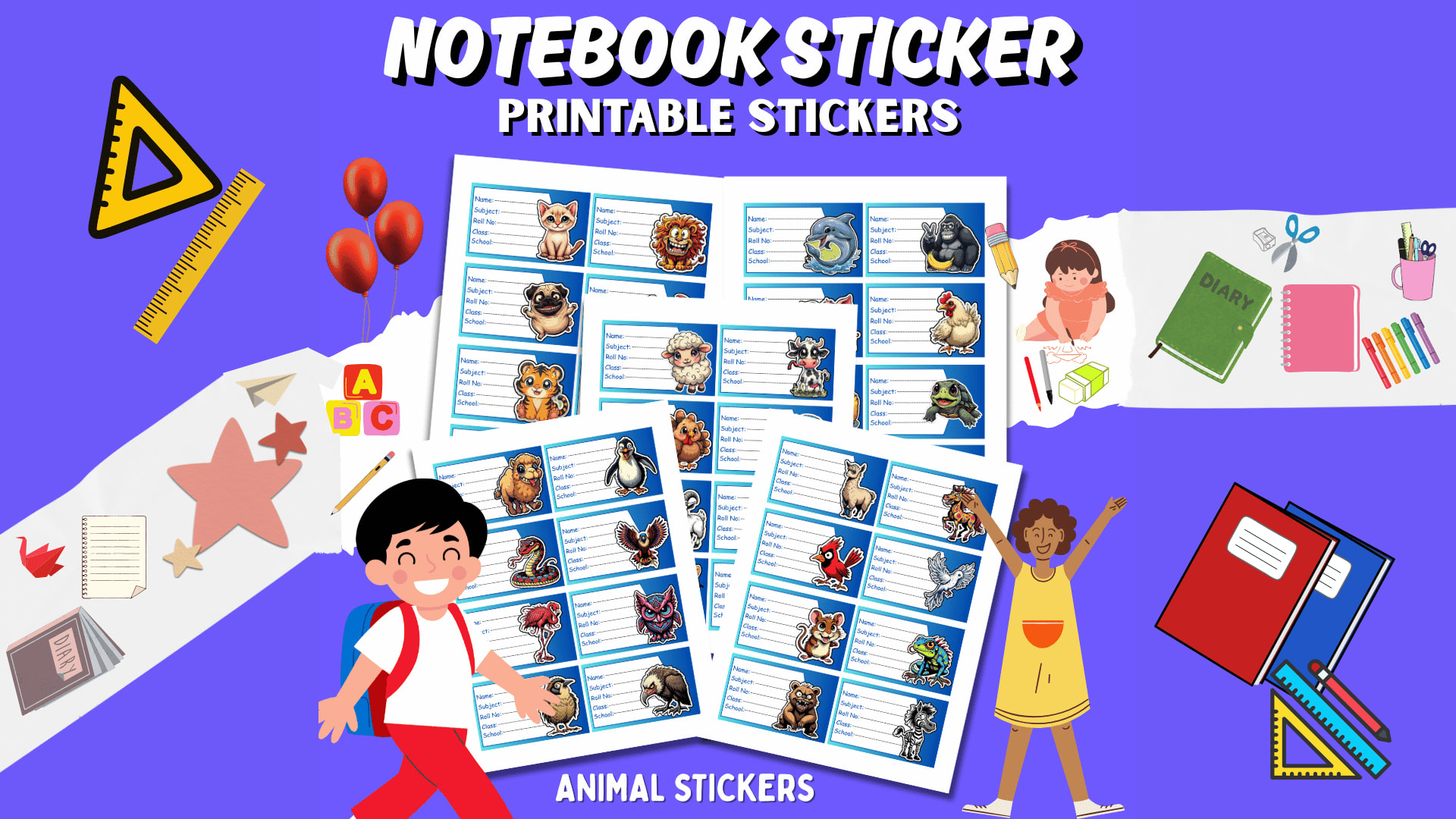 Cute Animal Notebook Stickers – Printable & Customizable and Organize your school books in style with these adorable, high-quality printable stickers