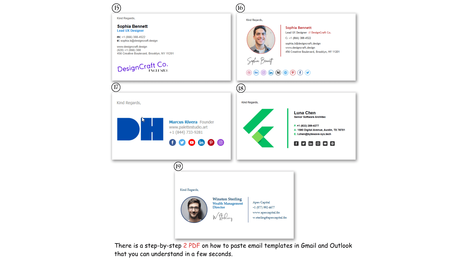 Professional email signature designs numbered 15 to 19