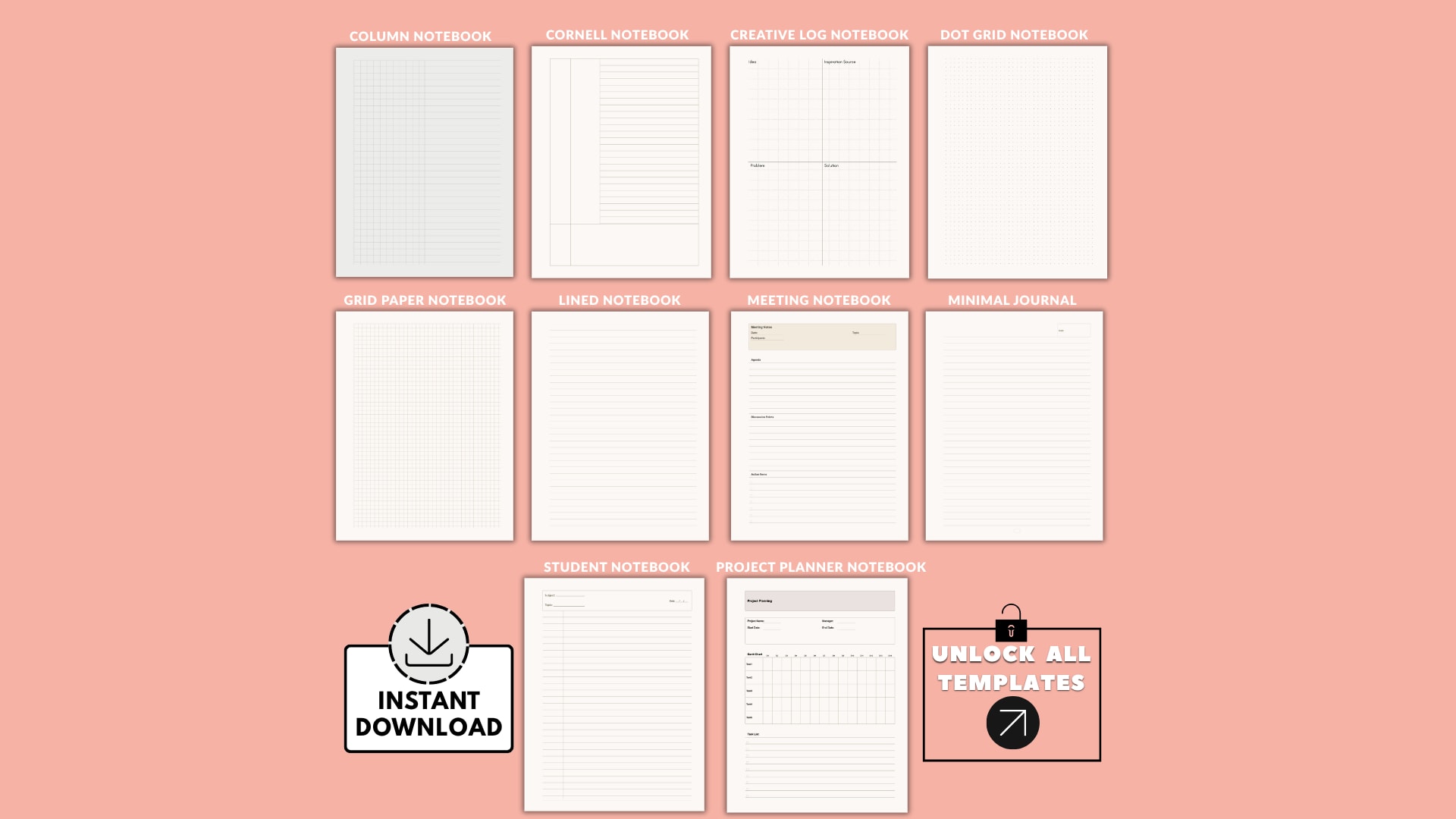 Notebook bundle preview showing lined, grid, dot, planner and meeting notebook pages in printable PDF format