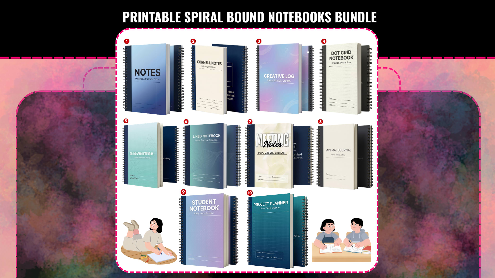 Printable Spiral Bound Notebooks Bundle cover image showing 10 notebook types with professional design and clean layout