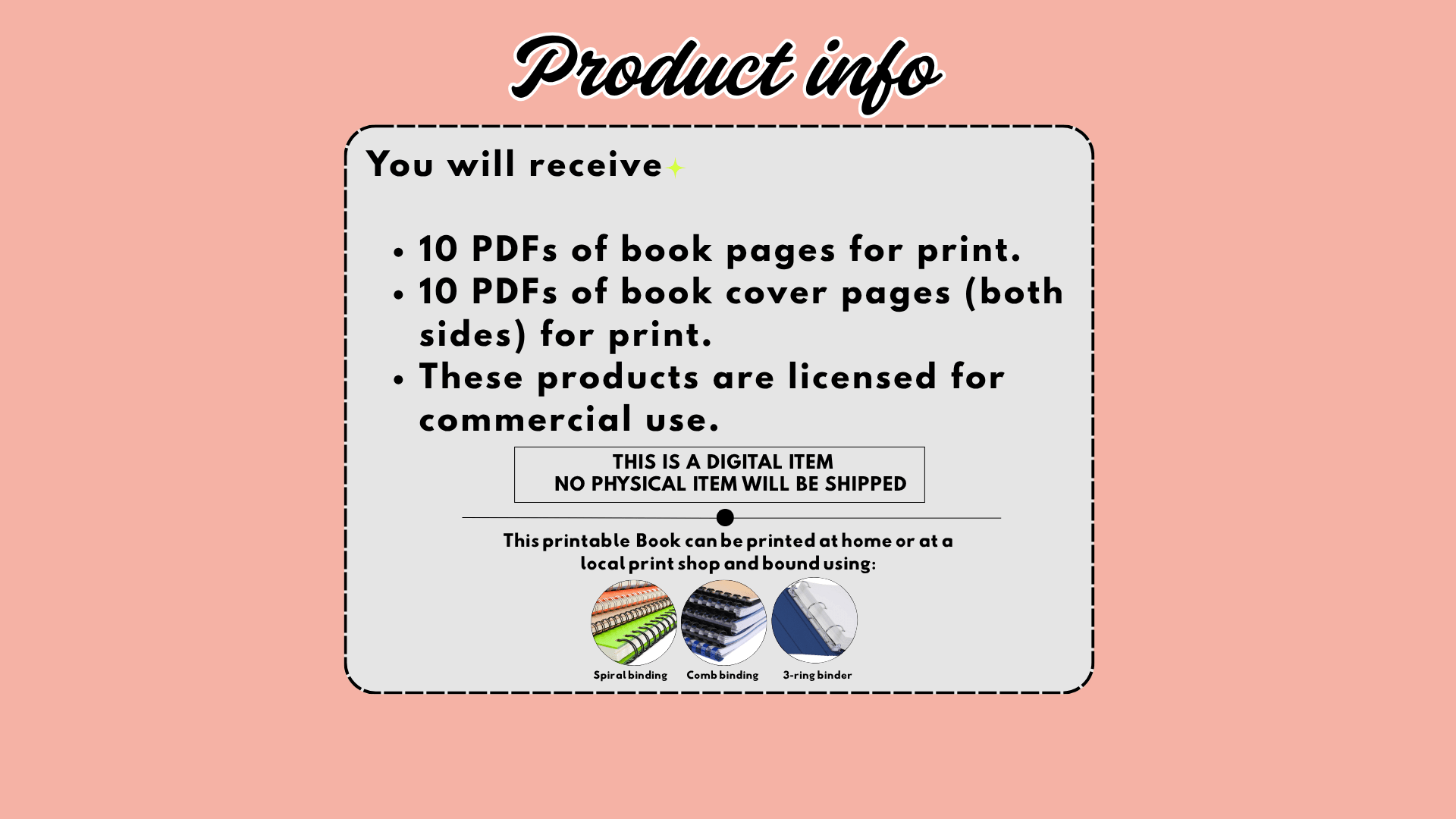 Printable notebook bundle product details including 300 DPI PDF, spiral binding options and commercial license
