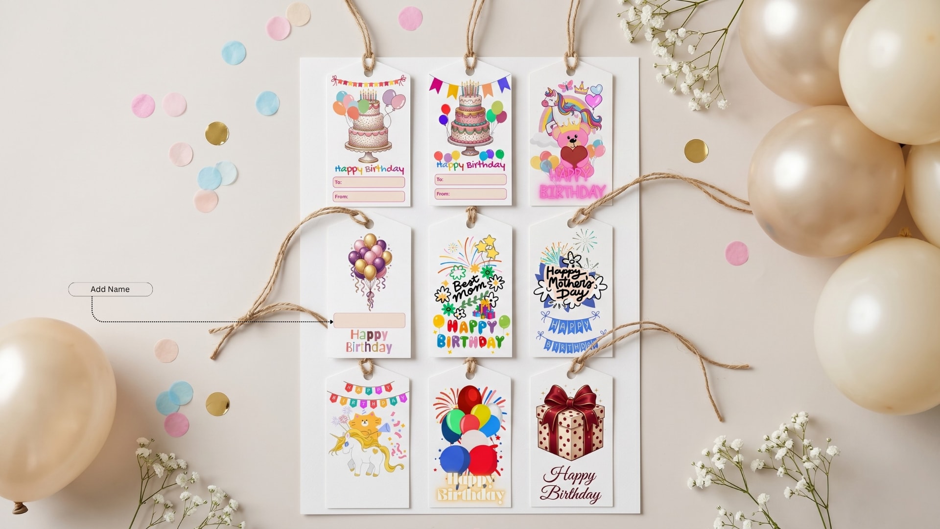 Printable birthday gift tag bundle with colorful party favor and thank you tag designs