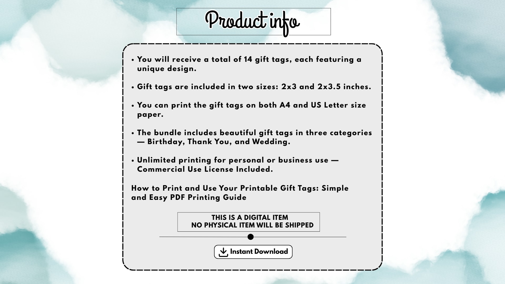 Printable Gift Tag Bundle Product Information with Birthday, Thank You, and Wedding Gift Tag Details in PDF Format
