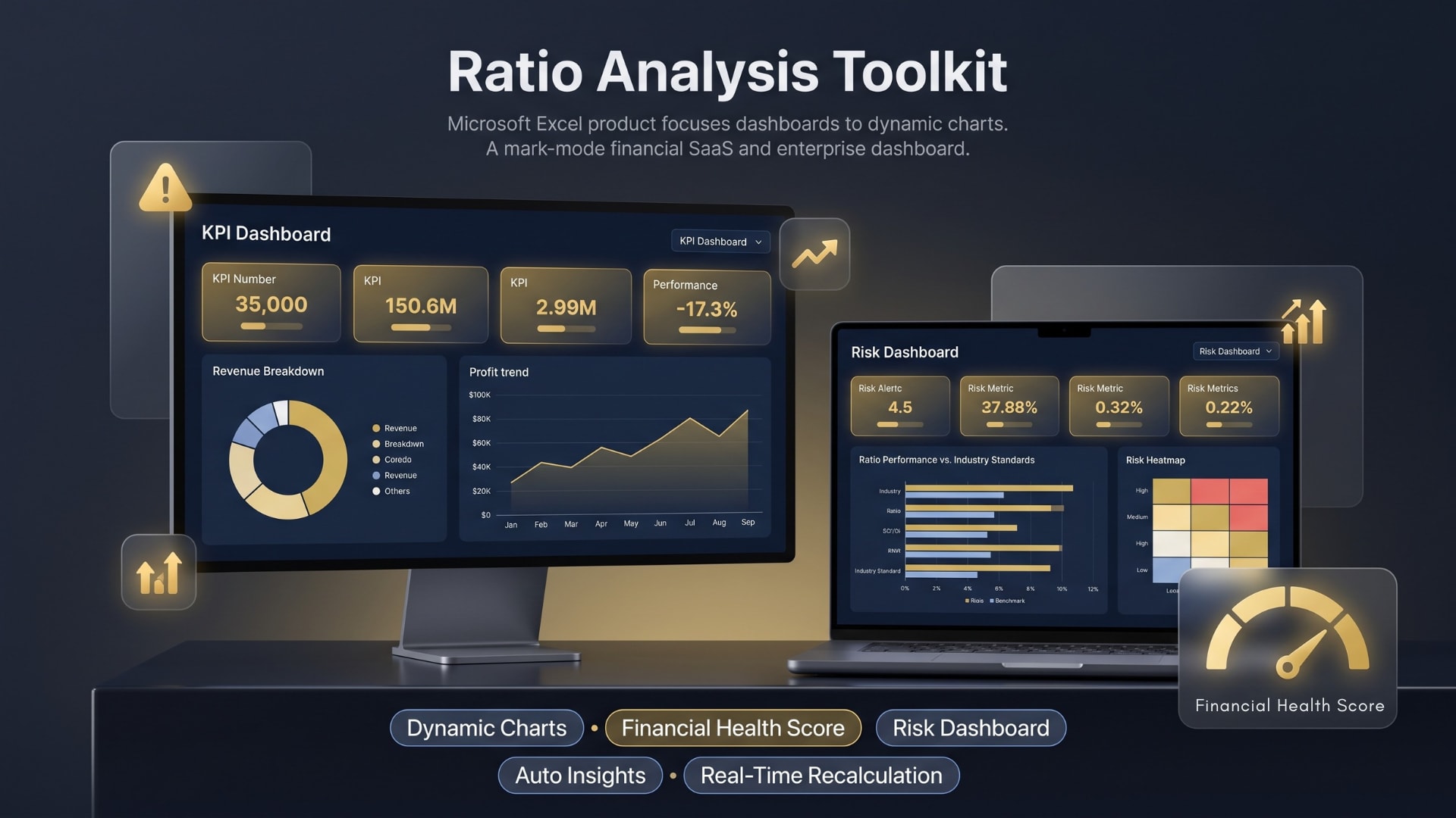 Excel KPI Dashboard and Risk Dashboard with Dynamic Charts and Financial Health Score Meter