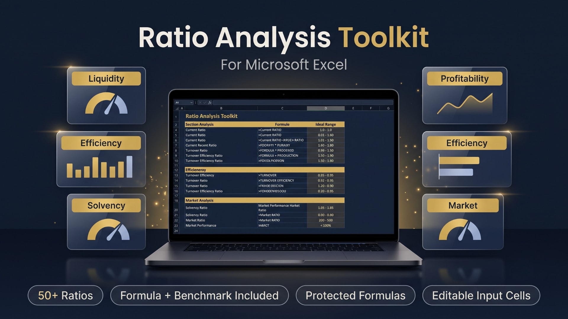 Complete Financial Ratio Analysis Excel Template - Liquidity, Profitability, Efficiency, Solvency and Market Ratios