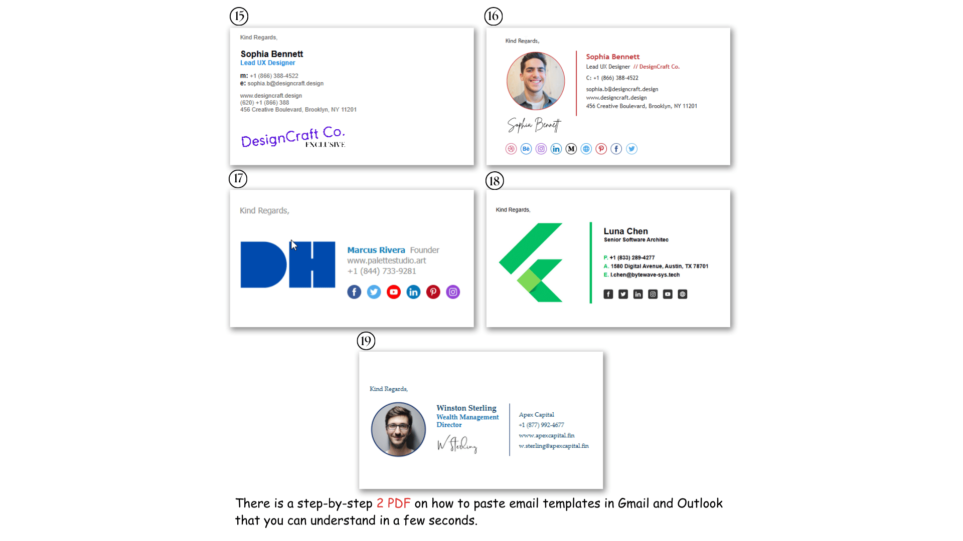 Professional email signature designs numbered 15 to 19