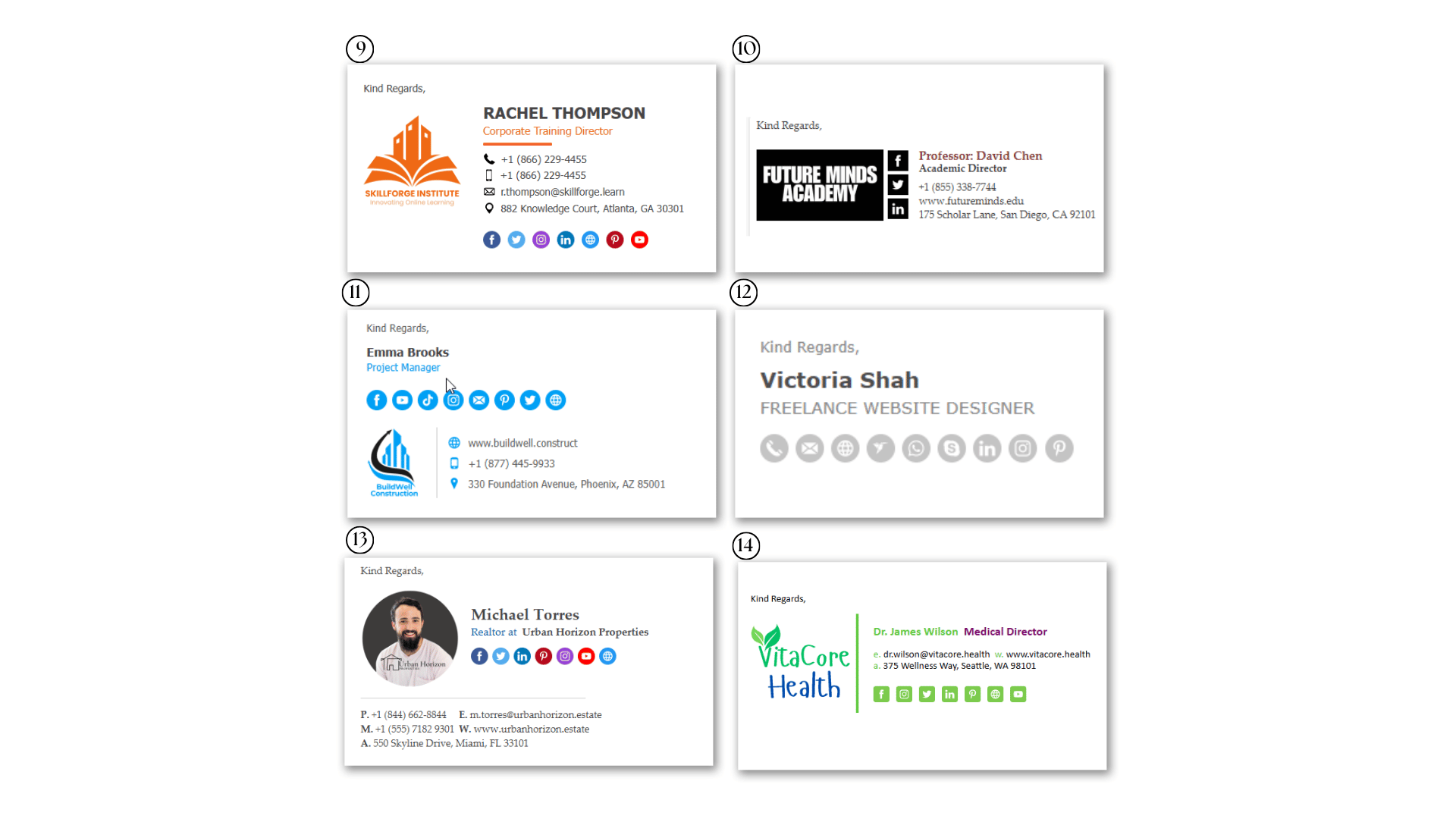 Email signature templates numbered 9 to 14 for corporate branding