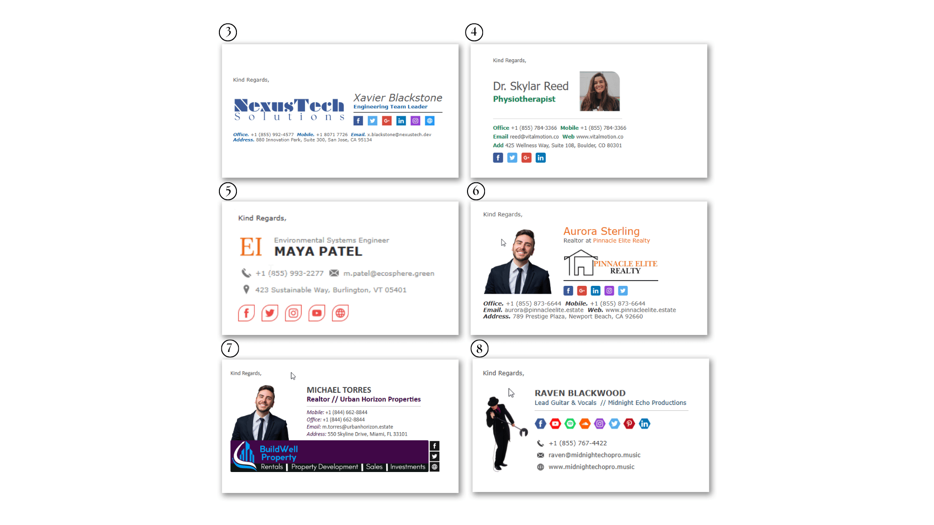 Email signature designs numbered 1 to 8 for professional use