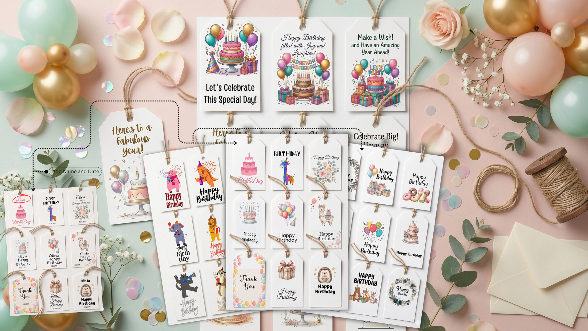 Printable birthday gift tag bundle with colorful thank you tag designs for kids and adults