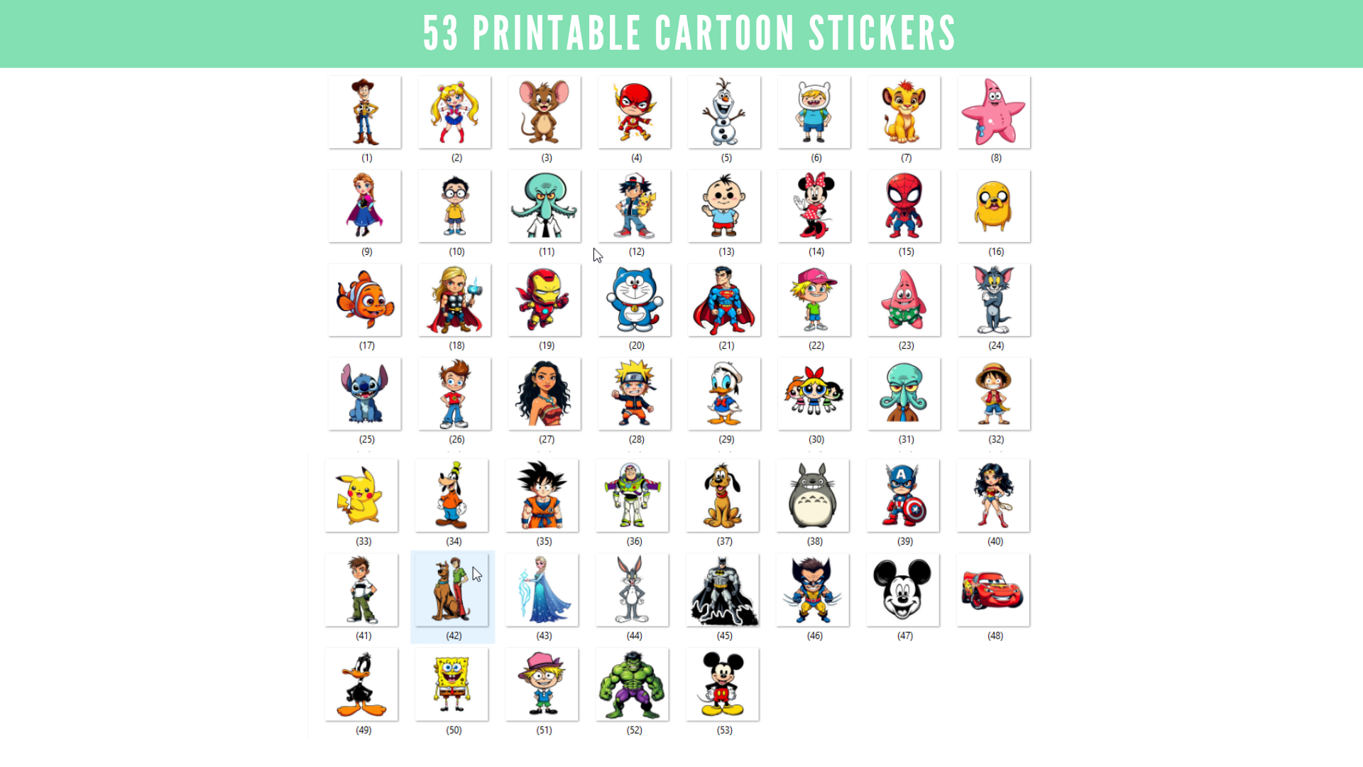 53 Printable Cartoon Stickers PNG Bundle – Cute Digital Sticker Designs for Print and Download