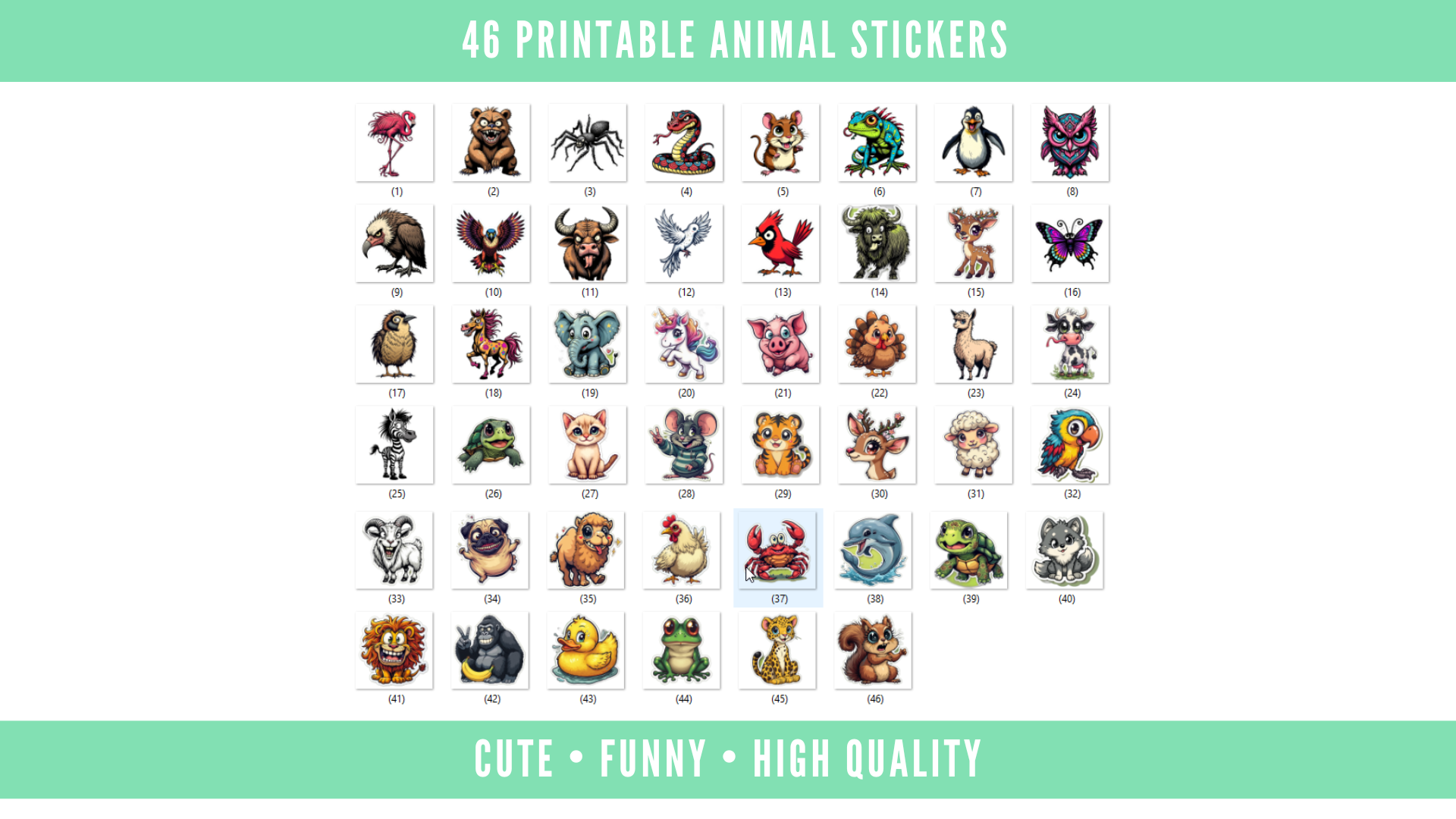 46 Printable Animal Stickers PNG Bundle – Cute and Funny Digital Animal Sticker Designs for Print