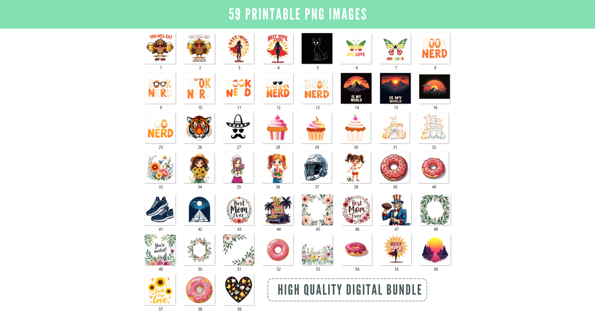 59 Printable PNG Images Bundle – High Quality Digital PNG Files for Print and Instant Download