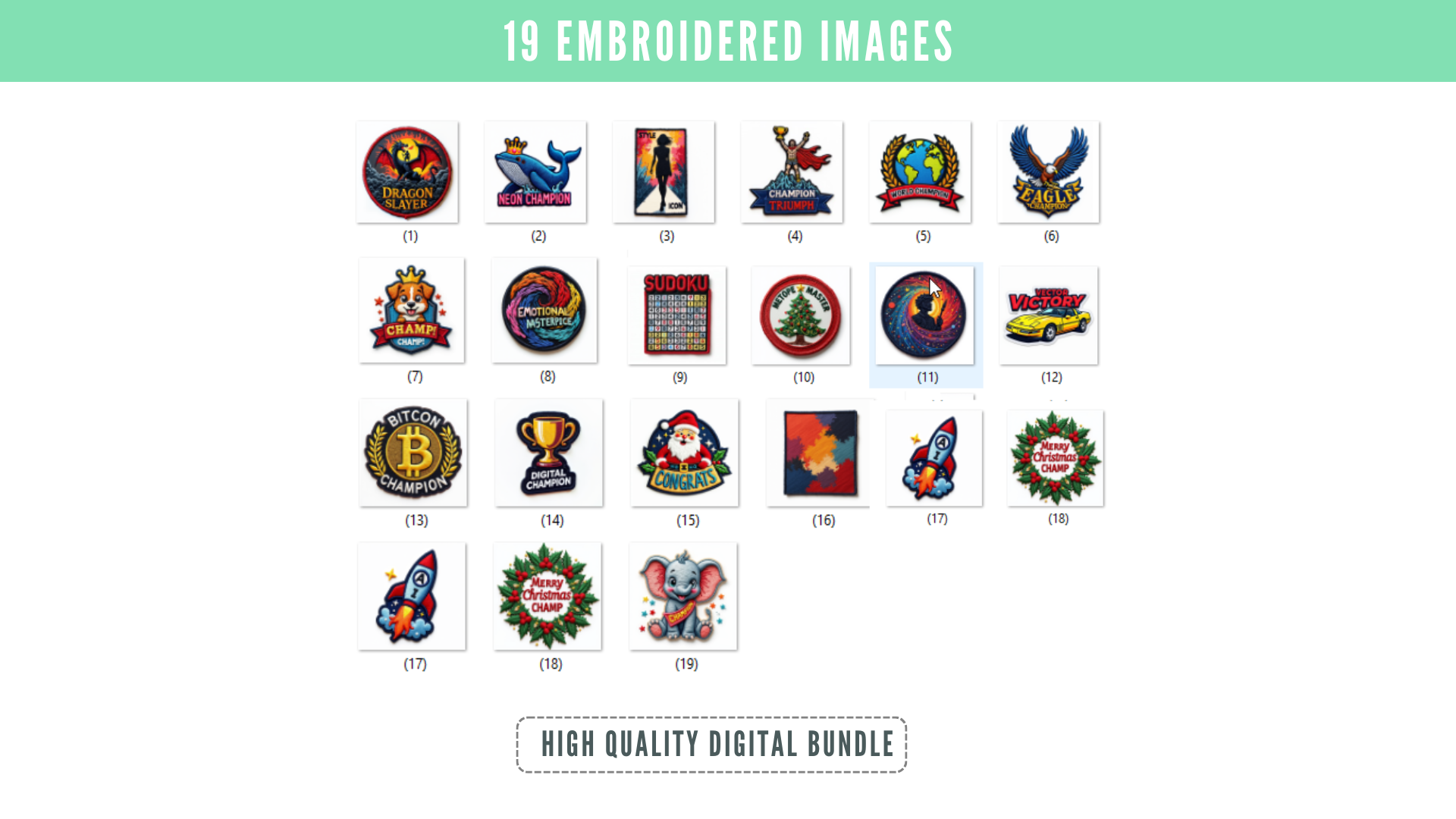 19 Embroidered Digital Images Bundle – High Quality Embroidery Style PNG Designs for Print and Download