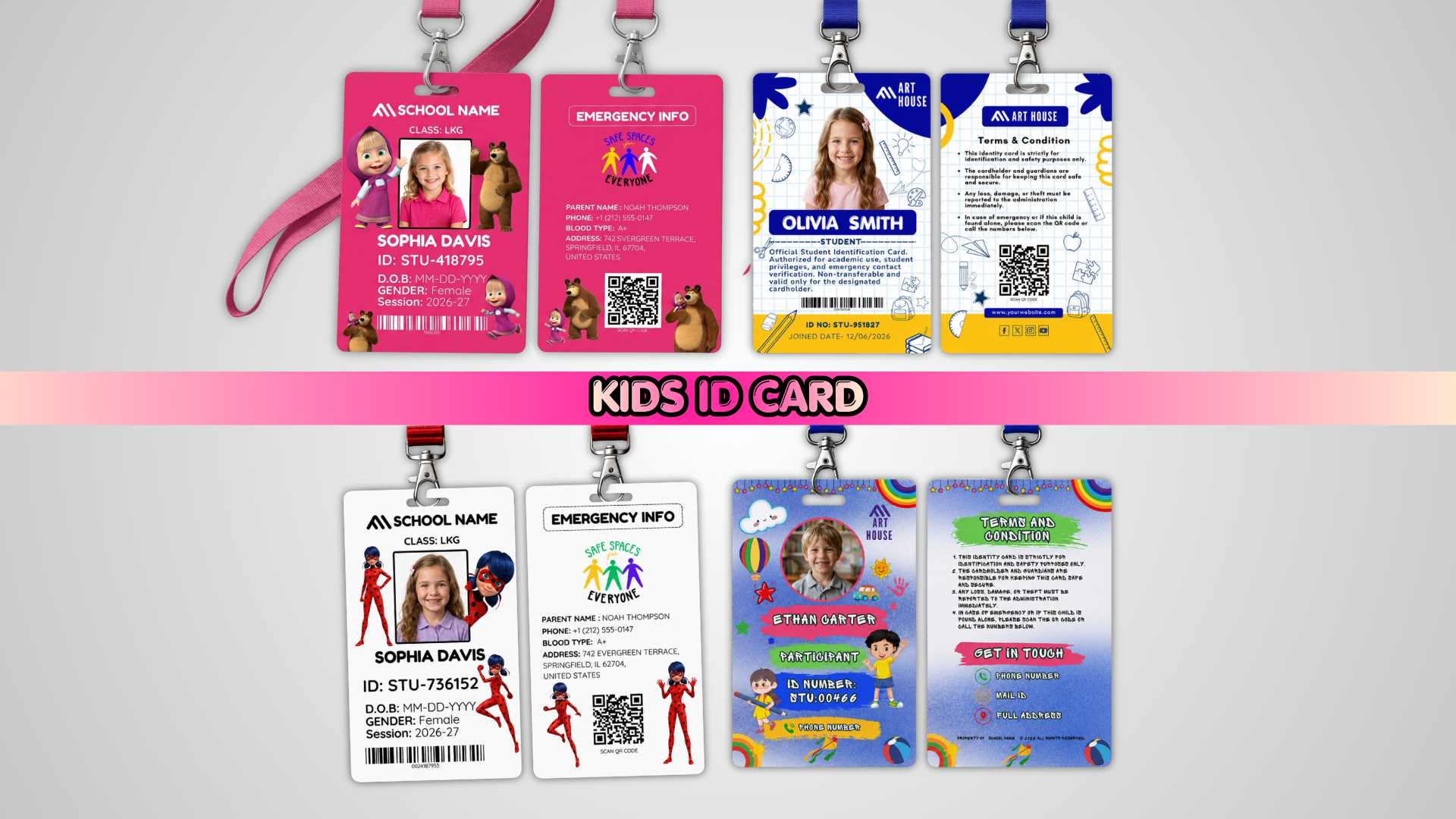 Kids ID Card Canva Template — 4 Editable Designs for Children Ages 5 to 12 with Front and Back Side
