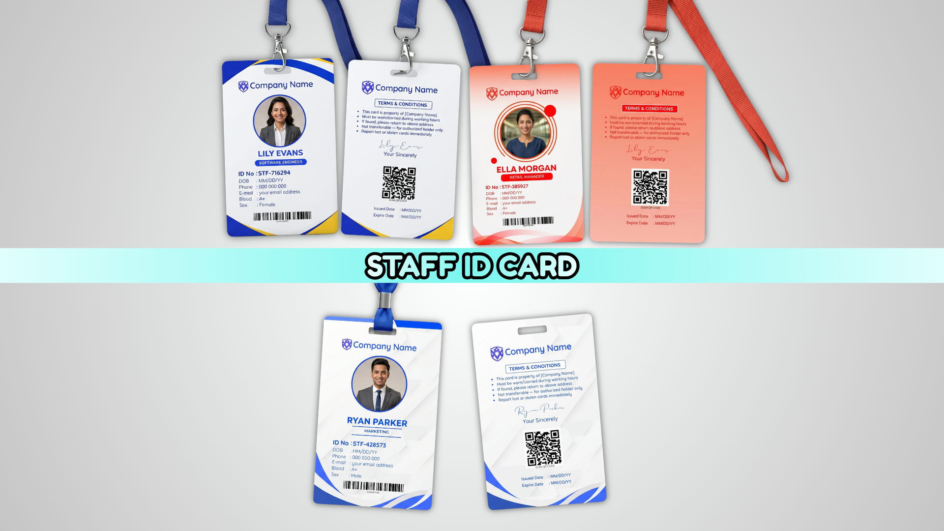 Staff ID Card Canva Template — 3 Editable Designs with Front and Back Side for Teams and Volunteers