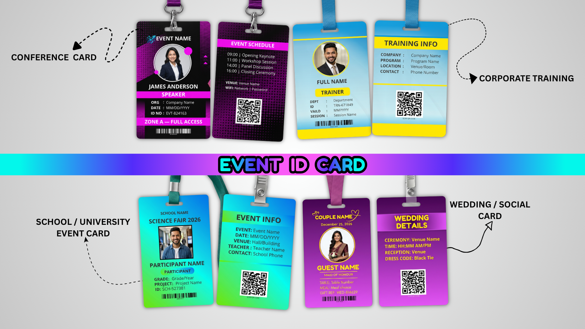 Event Badge ID Card Canva Template — 4 Editable Designs with Front and Back Side for Conferences and Events